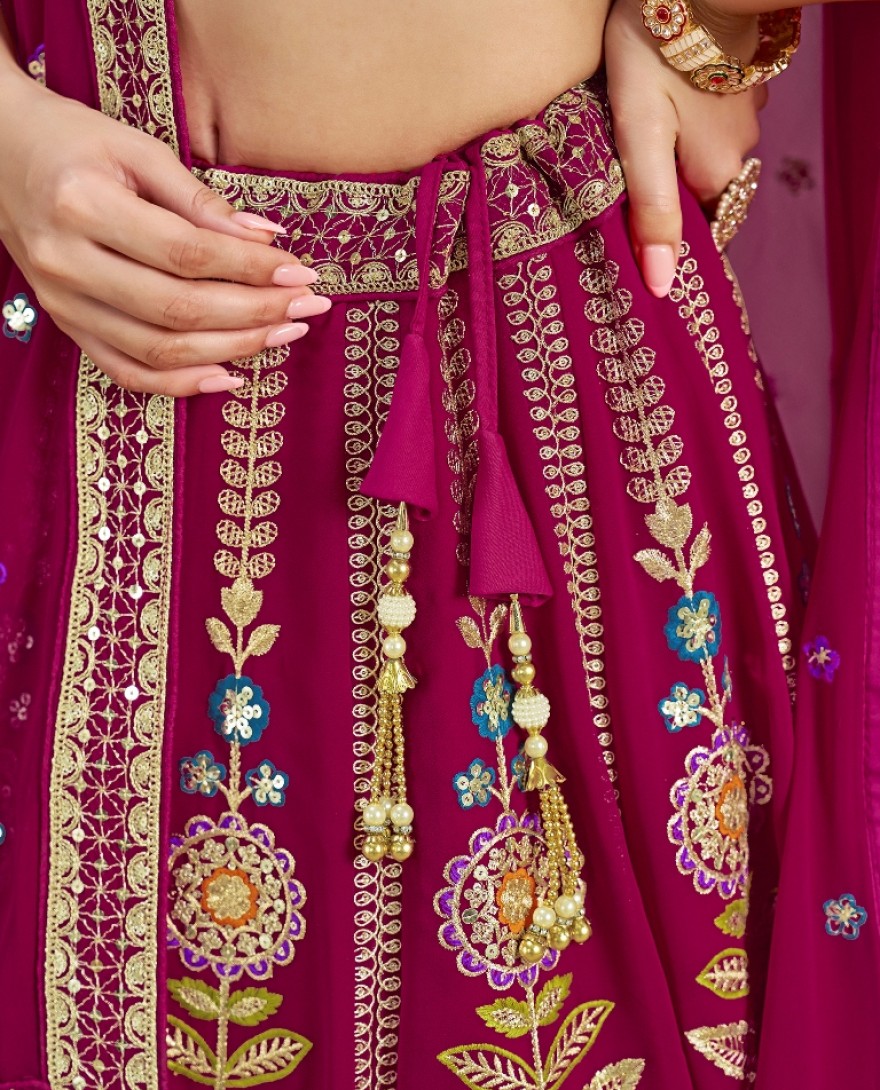 6008-PINK - Stunning Pink Thread Work Georgette Engagement Wear Lehenga With Blouse